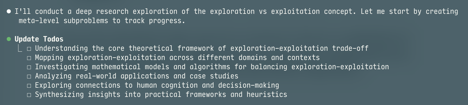Screenshot of Claude Code reframing the same research task as interconnected problems rather than linear steps, showing a more nuanced understanding of task complexity