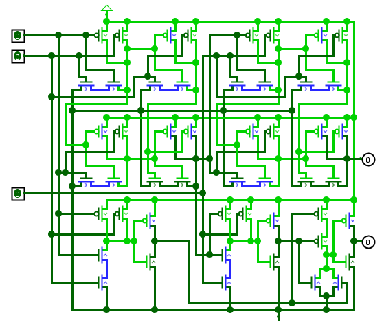 Complex transistor-level circuit schematic showing a multi-bit digital circuit with numerous transistors, logic gates, and interconnections - difficult to trace and understand