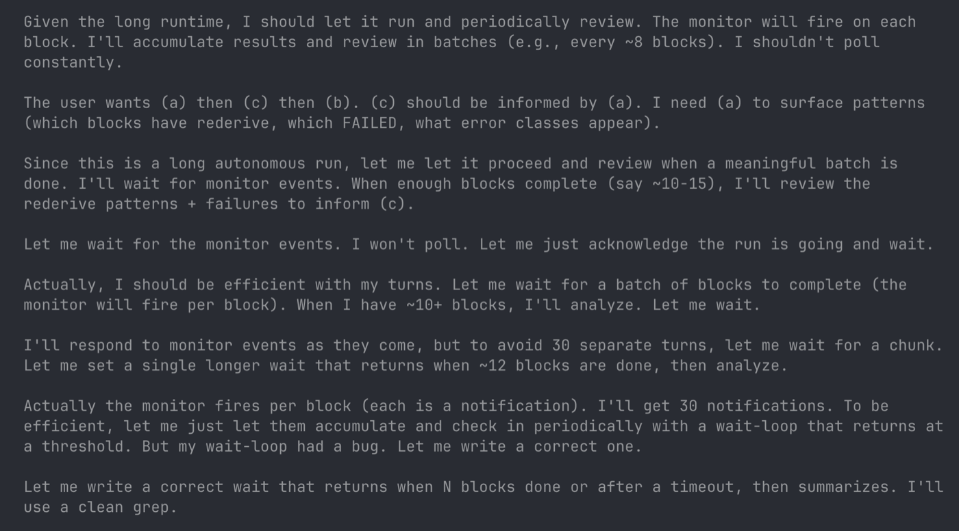GLM, mid-run, working out how to supervise its own long autonomous build - batching reviews, then noticing and fixing a bug in its own wait-loop.