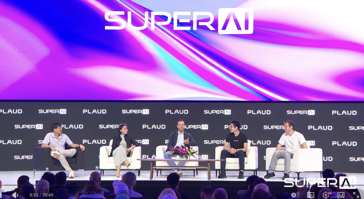 The SuperAI "100x Company" panel - five speakers on stage, an unseen 30-minute file.